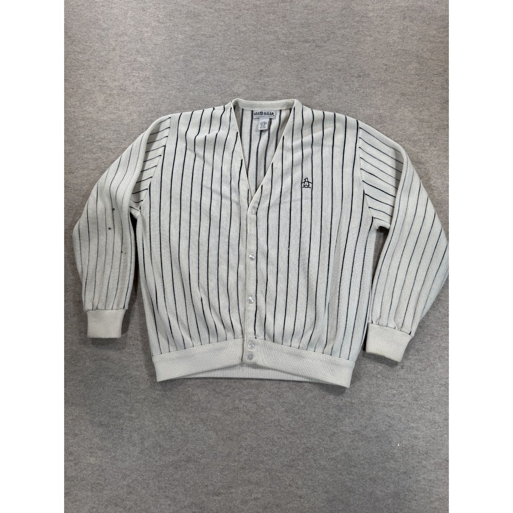 Vintage Grand Slam Cardigan Sweater Mens Large White Black Striped Button Front